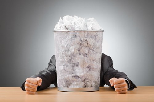 The image shows a silver metal waste bin filled to the brim with crumpled white paper. The bin is placed on a smooth, light wooden surface and appears to be in a neutral indoor setting with a plain, light gray background. The crumpled paper extends high above the top rim of the bin, indicating a significant amount of paper waste. The bin has a fine mesh-like texture, visible on its surface. The hands of a person in a dark suit, with a glimpse of sleeve visible, are positioned on each side of the bin, gripping the edges as if about to lift or move it. The overall scene suggests an environment associated with office waste or domestic waste management, relevant to rubbish removal services provided by companies such as House Clearance Shepperton, although no direct context of location is visible. The lighting is even, with soft shadows, emphasizing the details of the crumpled paper and the metallic surface of the bin.