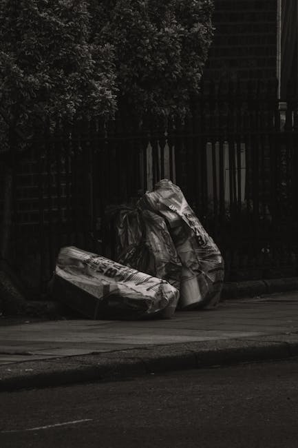 Two large black plastic rubbish bags and a long cardboard box are placed on a paved sidewalk next to a metal fence with vertical bars, partially obscured by dark, leafy trees. The bags appear filled w